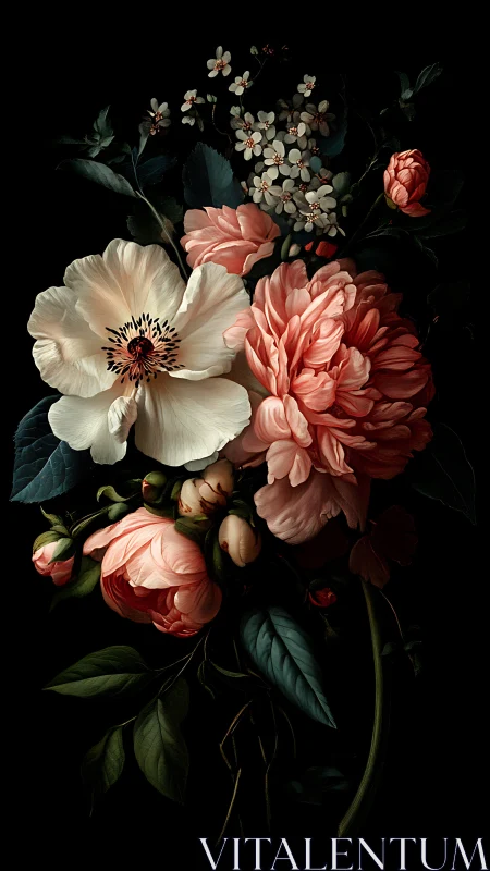 Baroque Floral Still Life: White Anemone, Coral Peonies, and Botanical Specimens