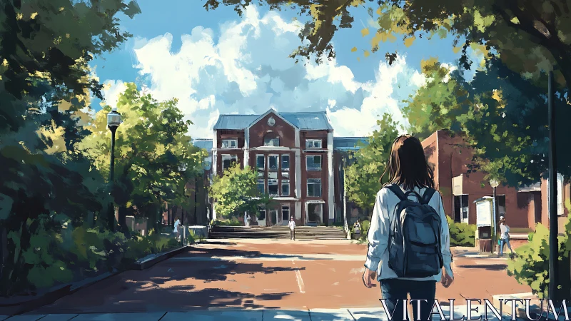 Student walking toward red brick academic campus building.