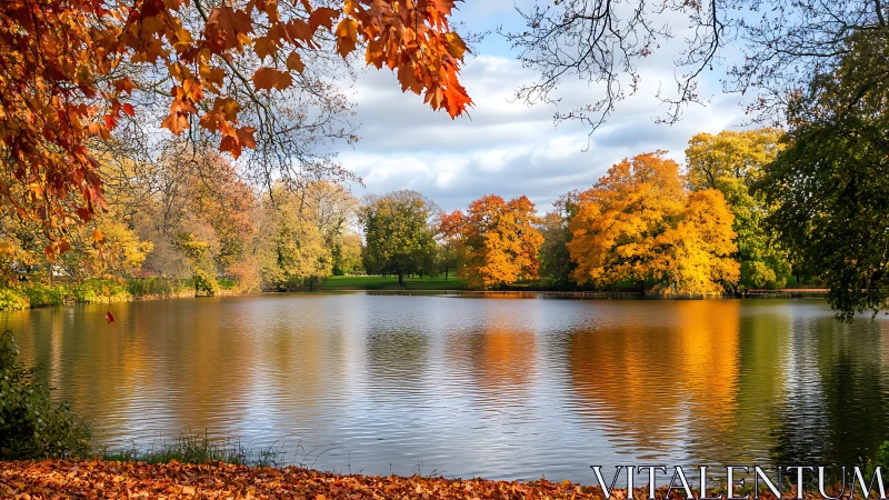Calm lakeside scene reflects vibrant autumn trees in sunlight