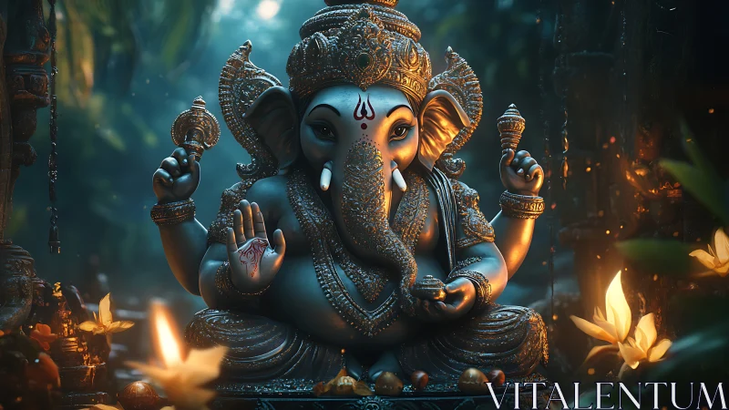 Intricately lit Ganesha statue rendered with cinematic depth and bokeh
