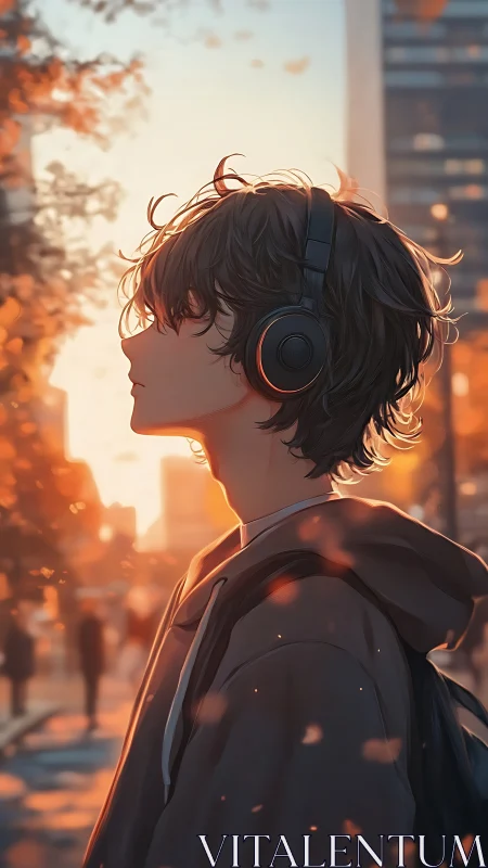 Headphoned dreamer strolls through ember soaked city dusk