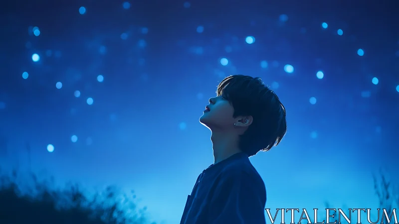 Profile silhouette under bokeh night sky with blue tonal gradient