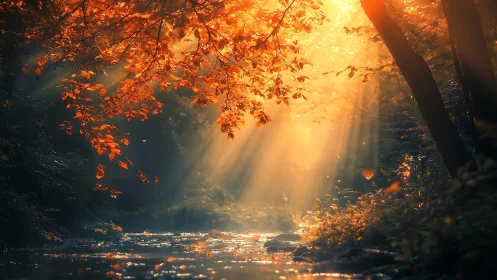 Golden autumn sunlight over forest creek in warm haze.