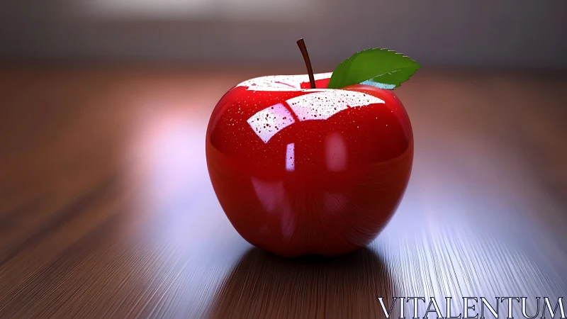 Glossy red apple resting in soft afternoon light on wood.