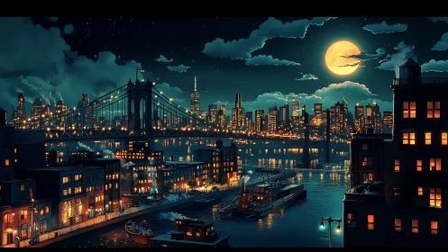 Moonlit bridge and riverfront boats in neon-kissed city hush.