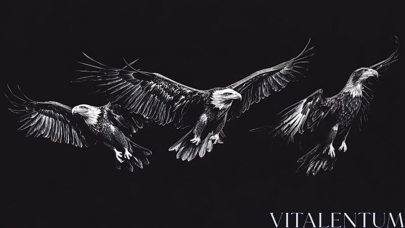 Three majestic eagles in flight, detailed monochrome illustration.