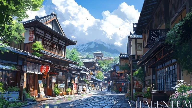 Traditional Japanese street with shops and distant mountain view.