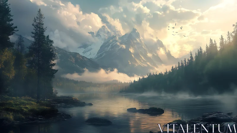 Sunlit alpine peaks rising above misted conifer lake.