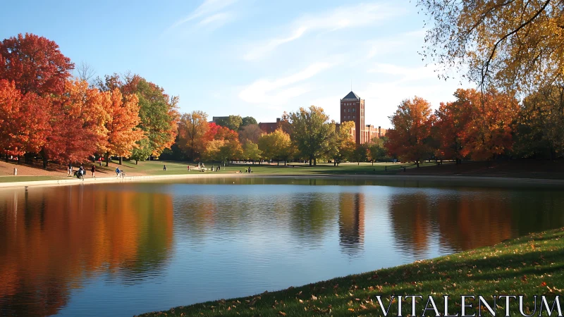 Autumn campus lake with vivid foliage and tower reflection.