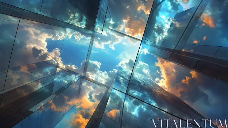 Glass towers reflecting sky with clouds in geometric view.