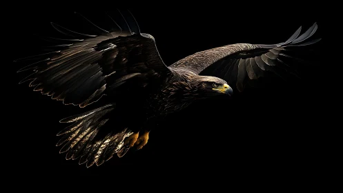 Majestic eagle in flight, digital art style on black background.