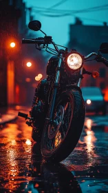 Motorcycle on wet city street under orange night lights.