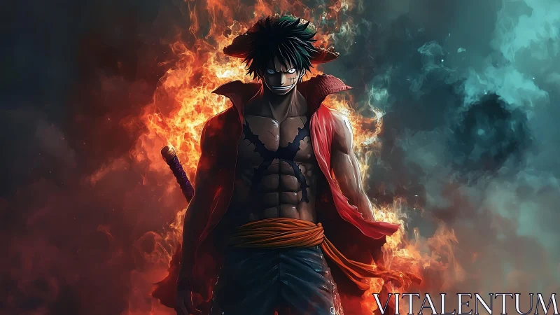 Anime warrior in fiery bilateral color-contrast composition.