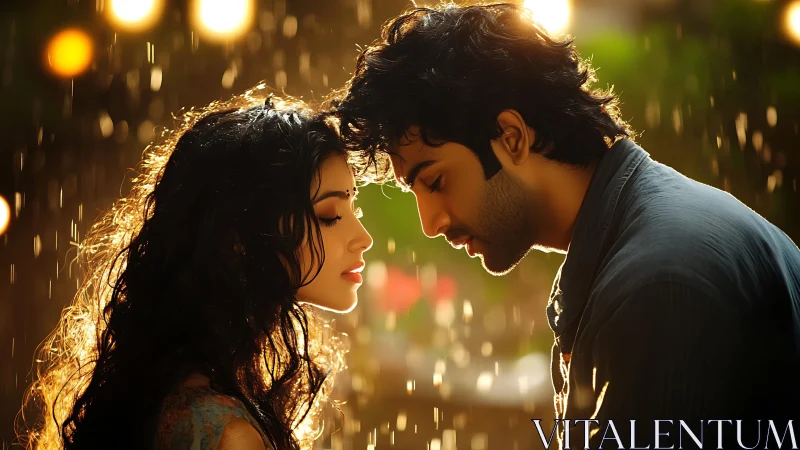 Cinematic Intimate Moment: Couple in Rain With Luminous Ambient Backlighting.