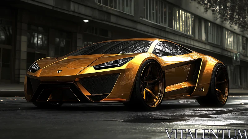 Low-angle render of metallic gold hypercar with reflective wet asphalt