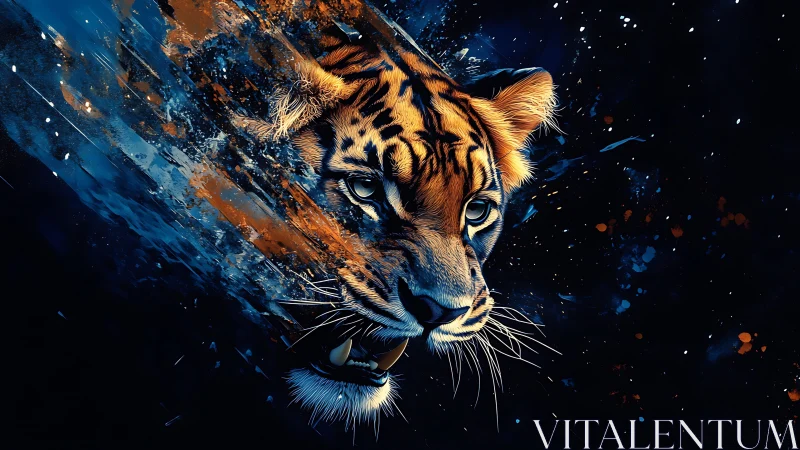 Starlit tiger erupts through cosmic paint and midnight storm.