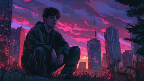Twilight-drenched city cradles a lone thinker on the hill