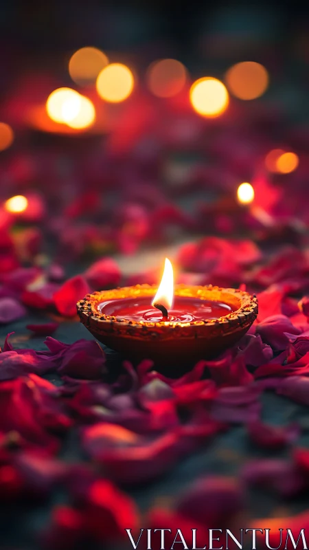 Clay oil diya amid rose petals and warm festival bokeh.