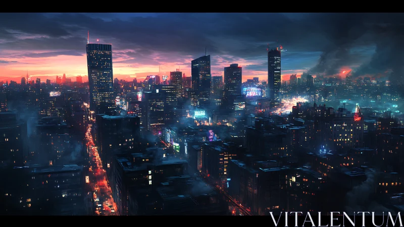 Cyberpunk dusk megacity skyline with neon arterial grid.