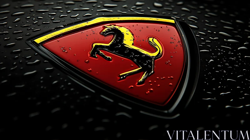 Automotive shield emblem with horse detail on wet surface.