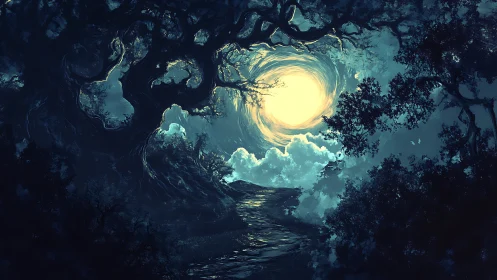 Moonlit forest portal glows above winding stone path.