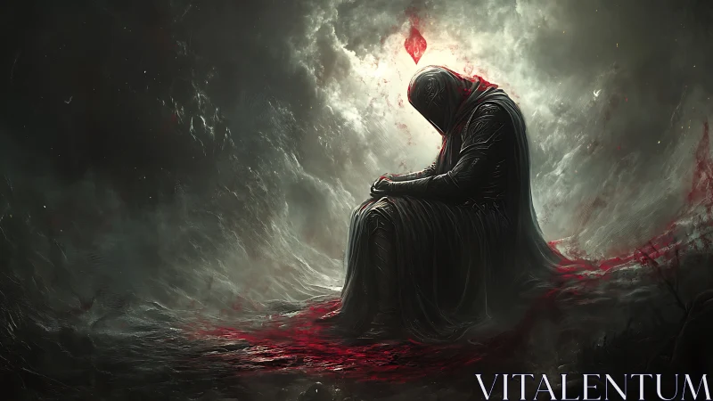 Hooded figure kneels in dark mist with glowing red crystal.