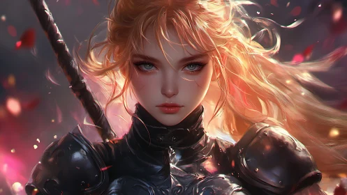 Radiant armored swordswoman under volumetric ember lighting.