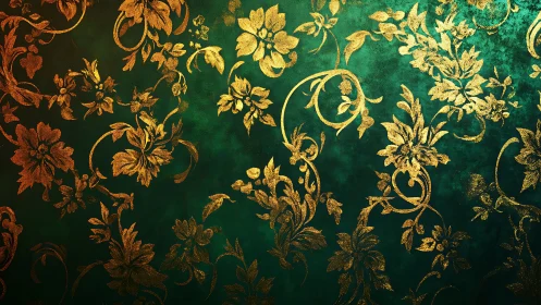 Ornate gold floral damask over emerald textured backdrop