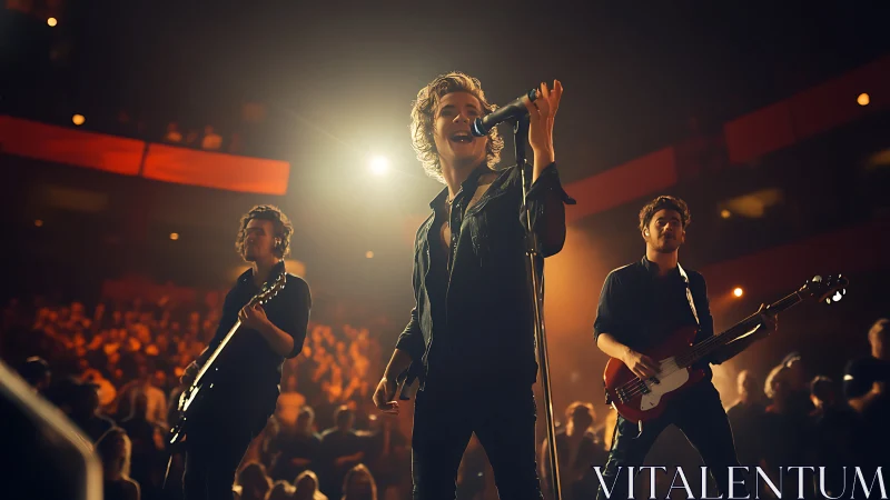 Rock band ignites a concert stage under warm golden lights.