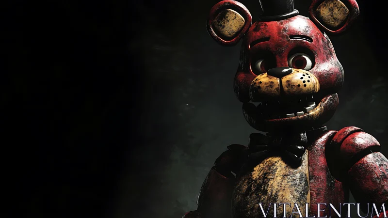 Distressed red animatronic bear in dramatic spotlight.