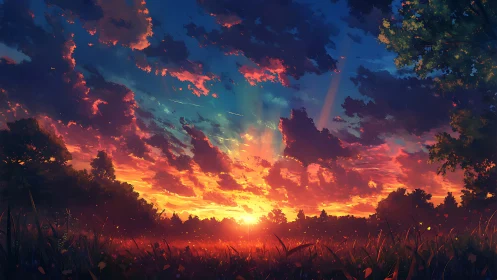 Glowing meadow sunset wrapping the sky in gentle warmth.