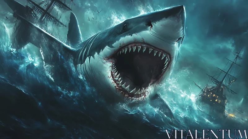 Gigantic predatory shark breaching amid storm-battered galleons.