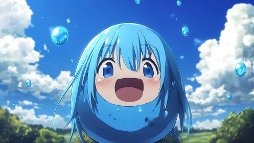 Sky-soaked slime girl beams up at drifting summer clouds