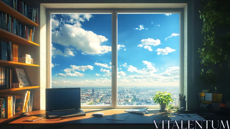 Sunlit home office overlooking expansive urban skyline.