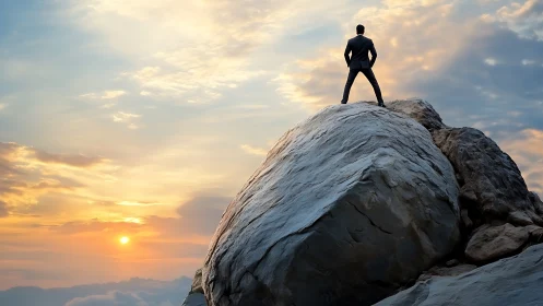 Business leader stands atop mountain peak at sunrise.