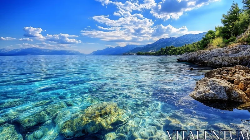 Crystal shallows whisper beneath mountains and summer sky
