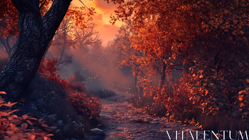 Forest pathway glows with intense orange and red atmospheric lighting.