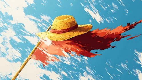 Straw hat and torn red cloth extend from pole against sky