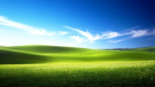 Rolling neon meadows breathe under a polished sapphire sky