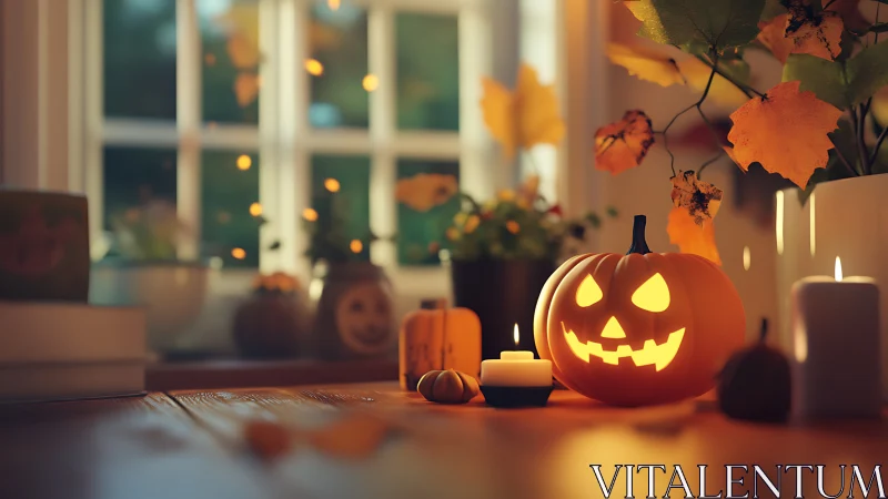 Glowing jack o lantern on wooden table in cozy room.
