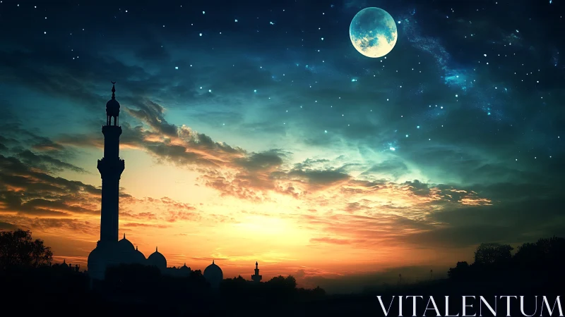 Minaret silhouette under high-contrast twilight and lunar sky gradient