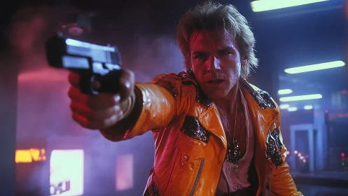 Neon-soaked gunman in yellow jacket confronts unseen target.