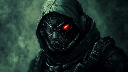 Hooded gasmask sentinel with glowing red cybernetic eye.