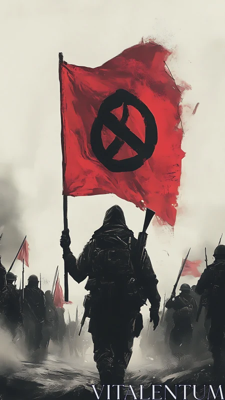 Soldiers advancing with red protest flag in formation.