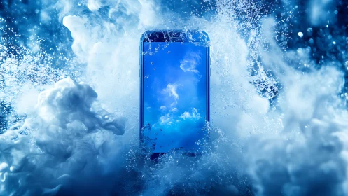 Water-immersed smartphone with vivid blue cloud display.