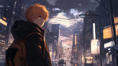 Teen boy walks through rainy neon city street at dusk