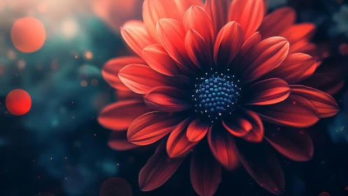 Rendered Red Dahlia with Volumetric Blue Stamen Against Dark Bokeh Environment