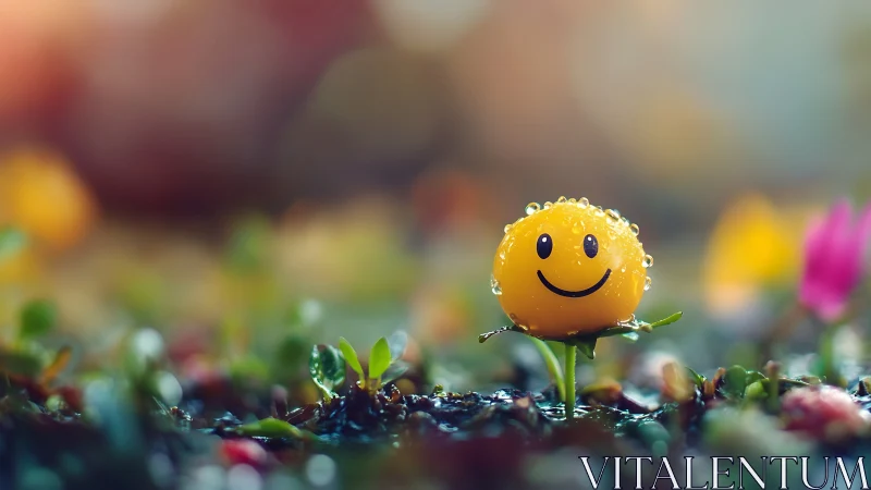 Smiling yellow sphere rests on tiny stem amid wet sprouts