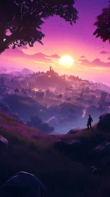 Sunset wanderer overlooking a dreamy violet valley.