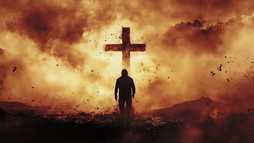 Silhouetted figure before large cross in smoke-filled light.